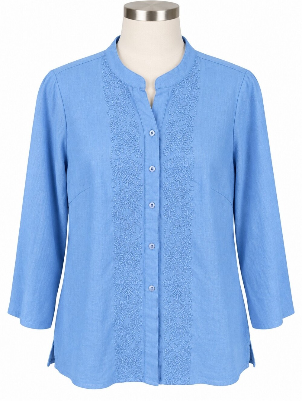 Carole Little Vintage Blue 100% Linen Embroidered Longline Tunic Blouse Shirt Sz